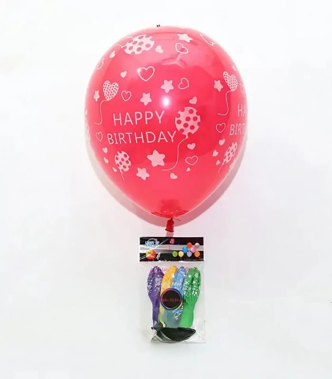 Red Happy Birthday balloon with white printed designs of hearts, stars, and balloons, displayed along with a pack of assorted colorful balloons.