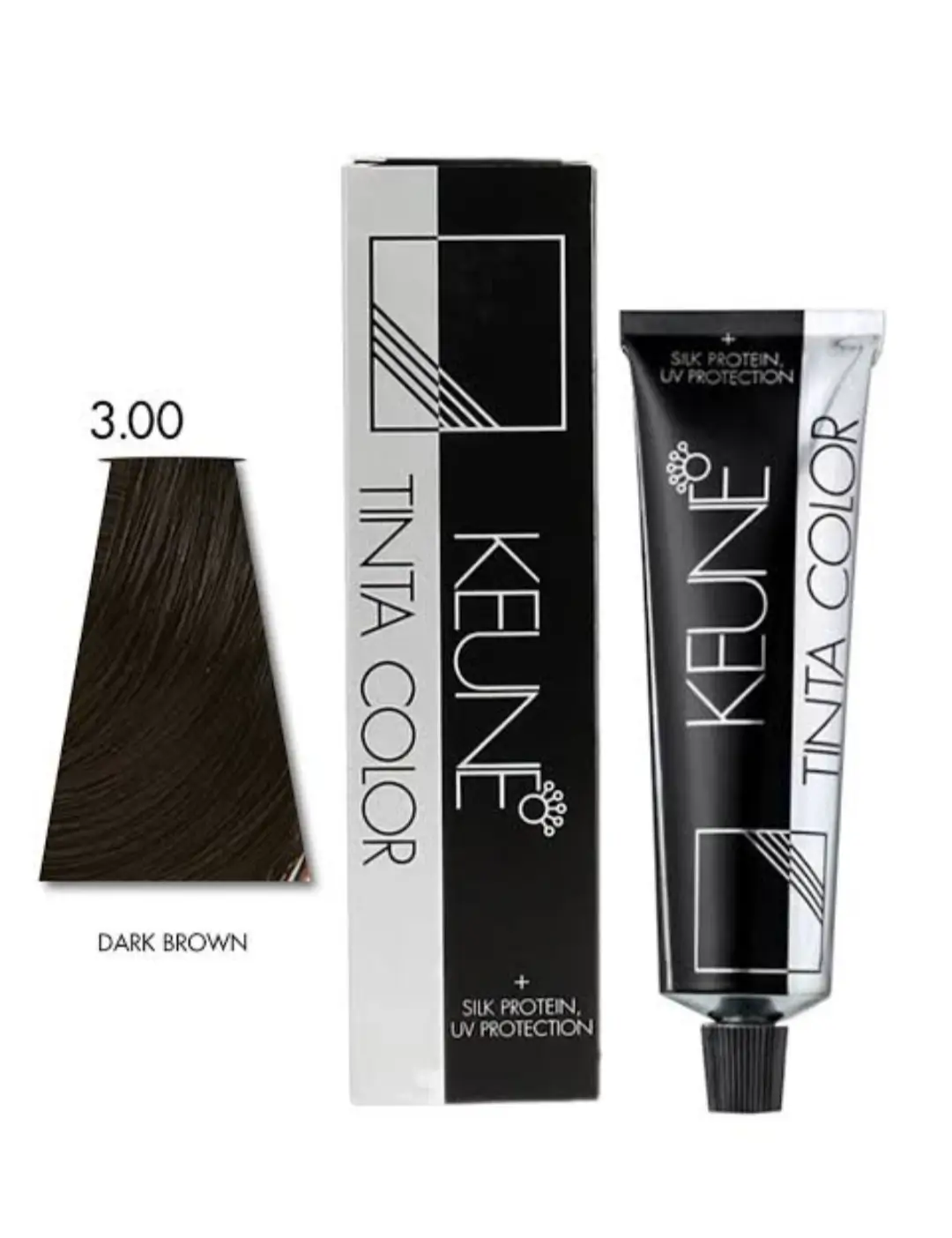 Keune Tinta Color Hair Dye 3.00 Dark Brown tube and box packaging with silk protein and UV protection formula.