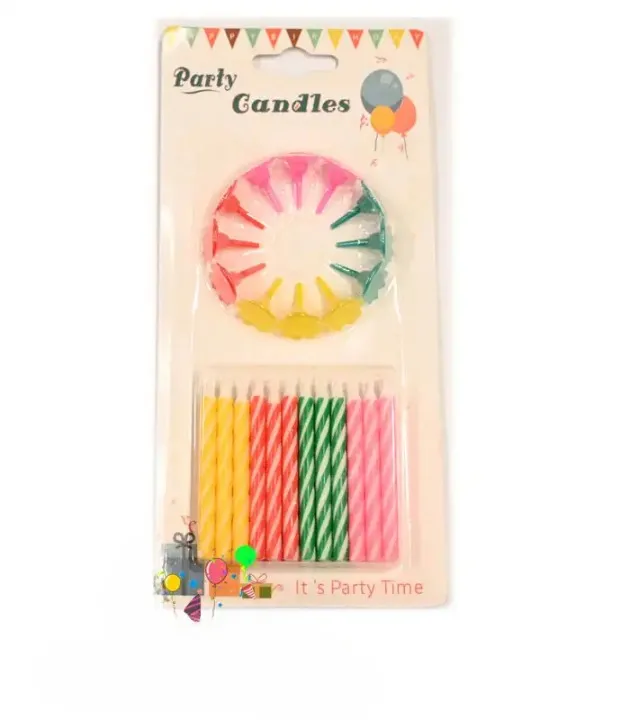 Pack of 12 Colorful Spiral Party Candles with matching holders in festive packaging