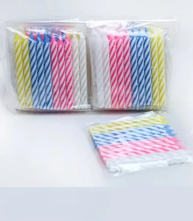 Three packs of Colorful Striped Birthday Candles in yellow, blue, pink, and white