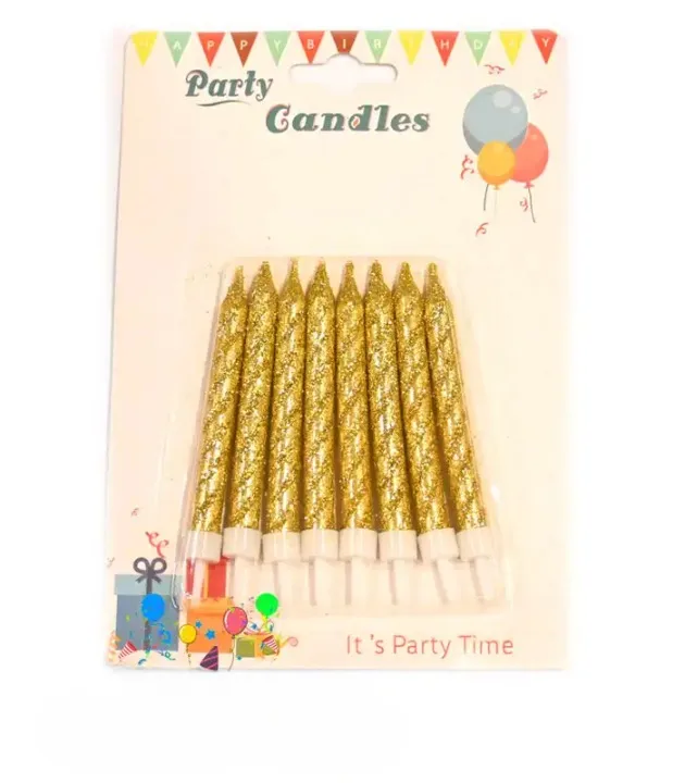 Pack of glittery Glittery Gold Birthday Candle in festive packaging with balloons and party graphics