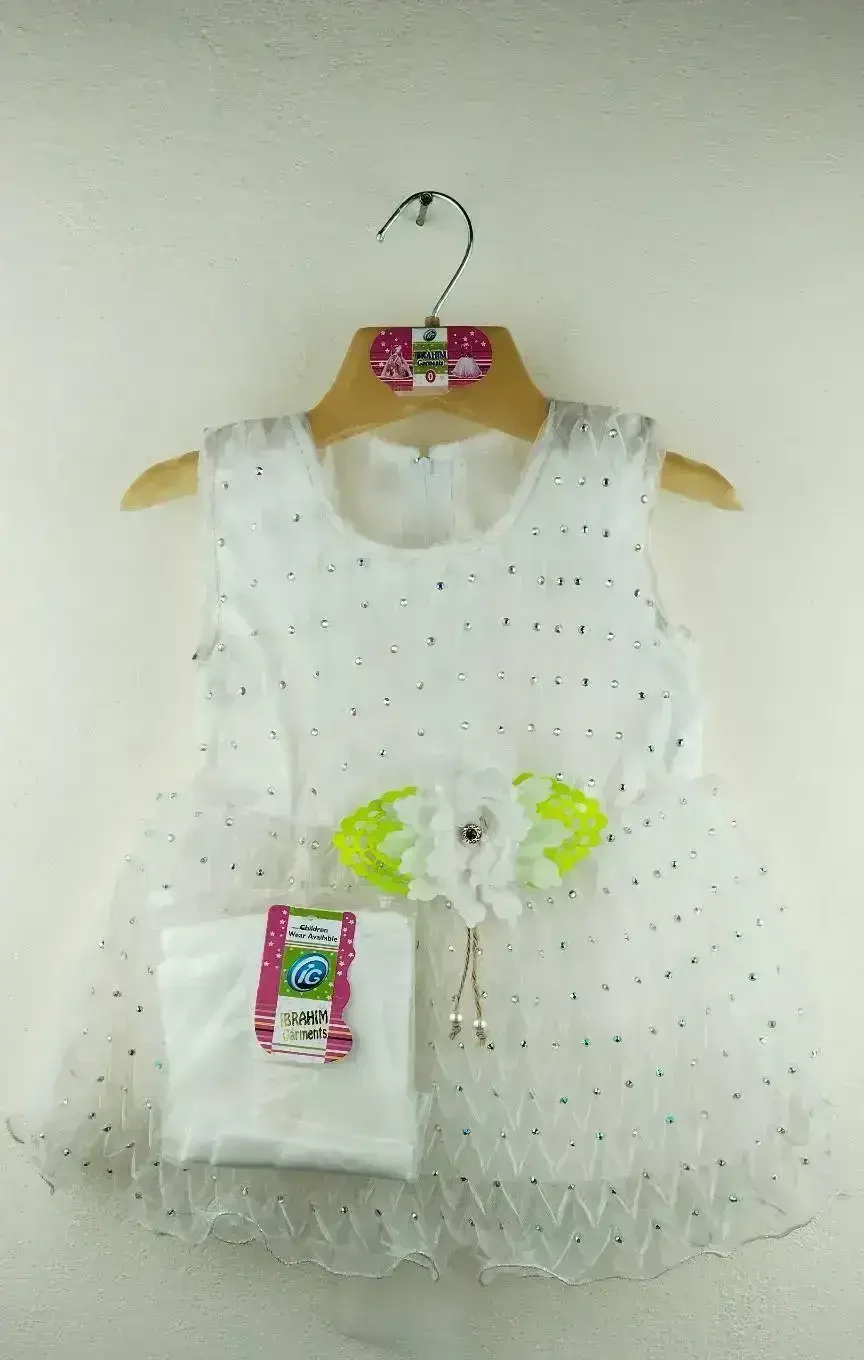 Blue Baby Party Dress with diamond-textured bodice, floral waist accent, and pearl ornament