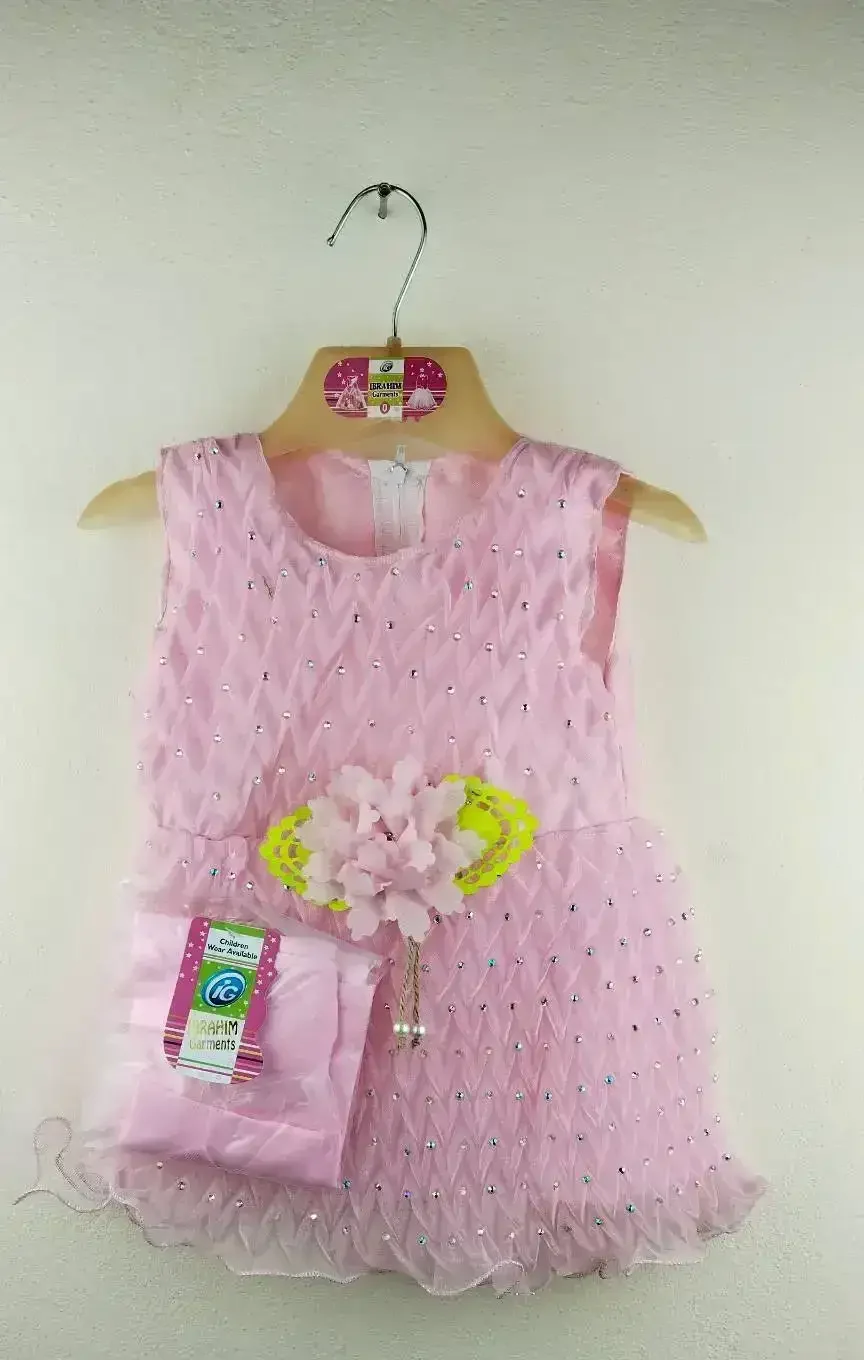 Blue Baby Party Dress with diamond-textured bodice, floral waist accent, and pearl ornament