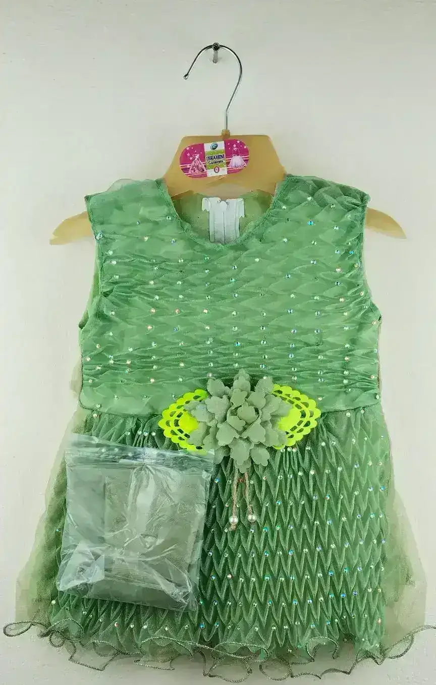 Blue Baby Party Dress with diamond-textured bodice, floral waist accent, and pearl ornament