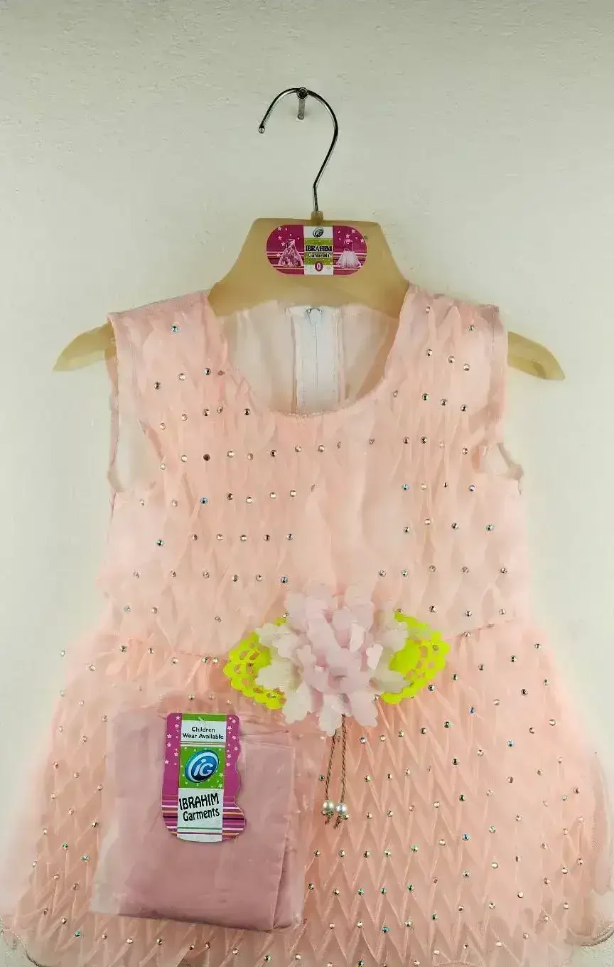 Blue Baby Party Dress with diamond-textured bodice, floral waist accent, and pearl ornament