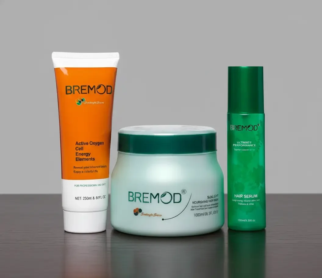 Bremod professional hair care set featuring Active Oxygen Cell Energy Elements, Sunlight Nourishing Hair Mask, and Ultimate Performance Hair Serum for smooth, healthy, and shiny hair