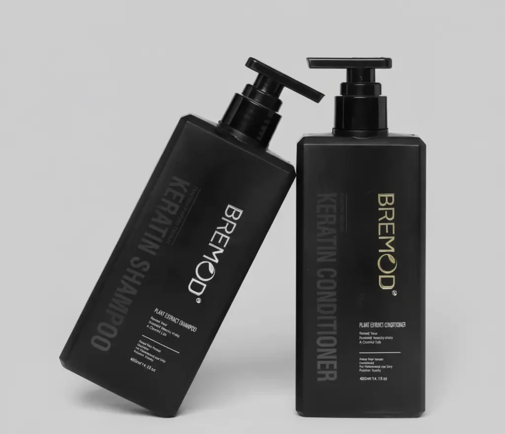 Two black bottles of Bremod hair care products, including Bremod Keratin Shampoo and Conditioner, both with pump dispensers on a white background."
