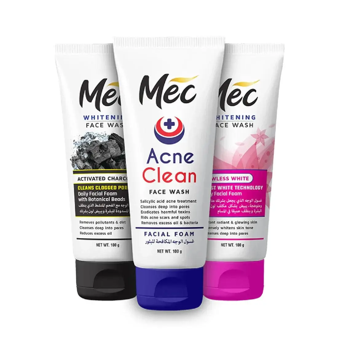 Three Mec face wash tubes displayed together — Mec Whitening Face Wash with Activated Charcoal, Mec Acne Clean Face Wash, and Mec Whitening Face Wash Flawless White. Each tube is 100g and designed for deep cleansing and clear skin