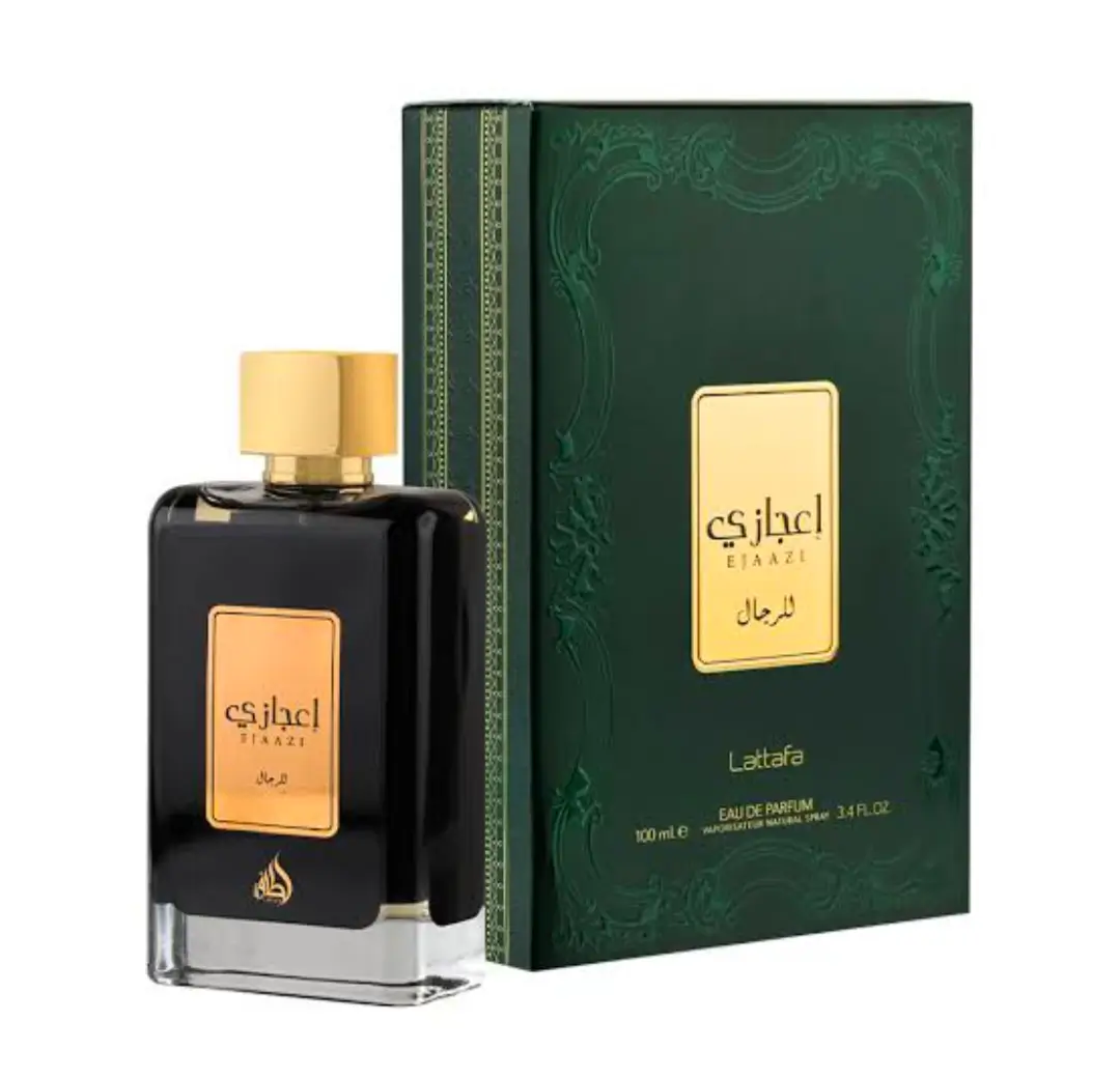 Lattafa Ejaazi Eau de Parfum for men, featuring a sleek black rectangular bottle with a gold label and cap, displayed next to its elegant dark green and gold packaging box.