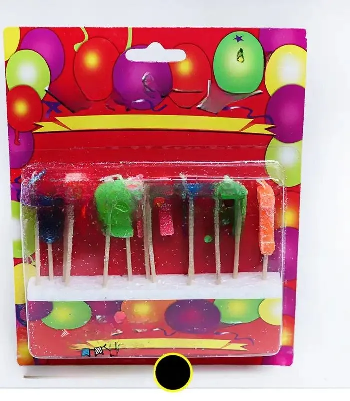 Colorful Party Candy Sticks Blister pack of colorful mini lollipops on toothpicks with festive balloon-themed packaging