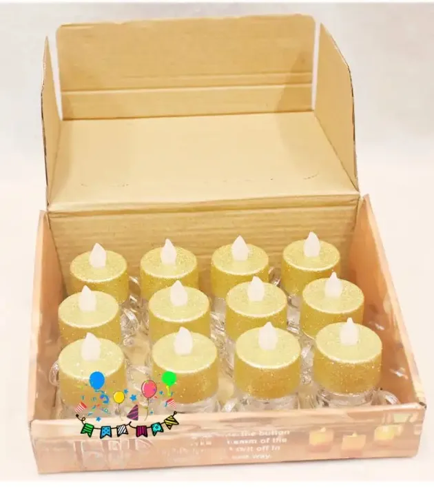 Glitter party candle cup with gold candle, clear teacup design, and festive birthday graphics