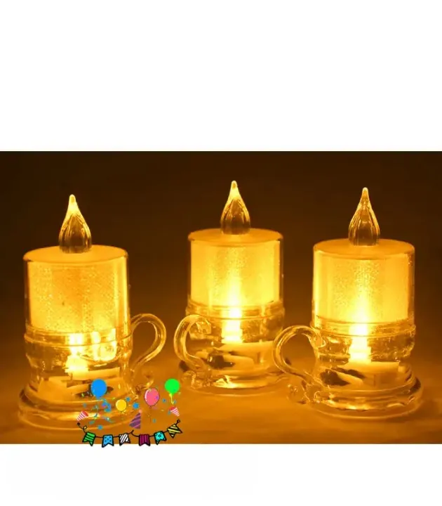 Glitter party cup candle with light-up feature, clear base, and festive birthday graphics