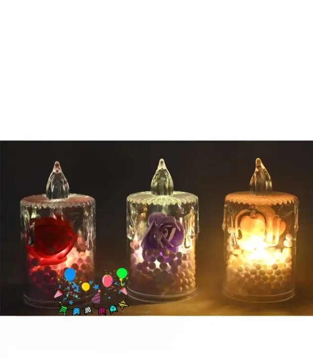 Transparent party bottle decoration with pastel foam balls, rose accent, and festive birthday graphics