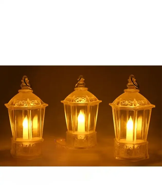 Translucent plastic party lantern with hexagonal shape, candle-style center, and hanging ring