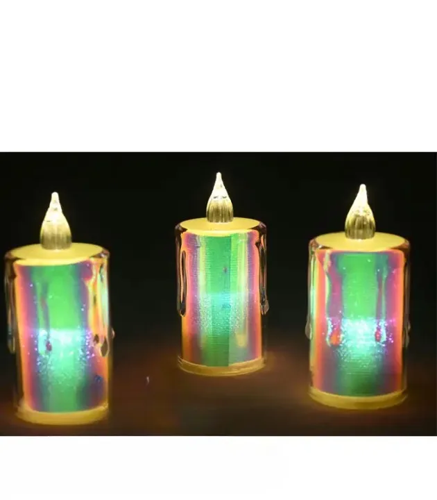 Translucent party flame candle with iridescent body and clear flame top for festive decoration
