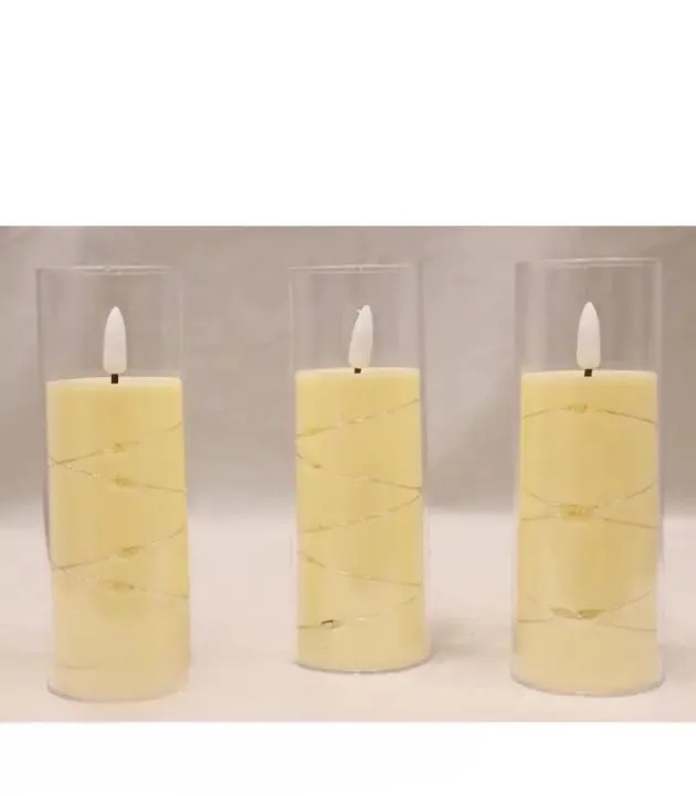 Party glass candle with cream body, spiral LED lights, and clear jar for festive decoration
